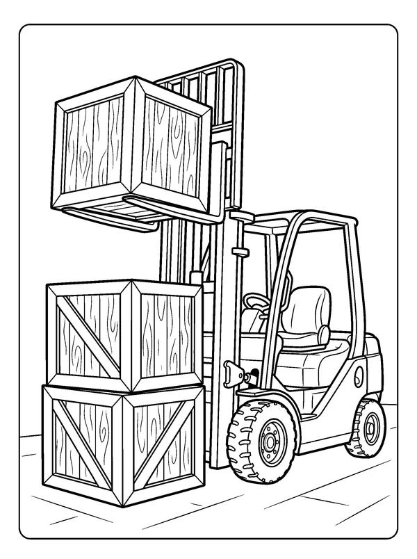 Forklift and Crates — printable black-and-white coloring sheet