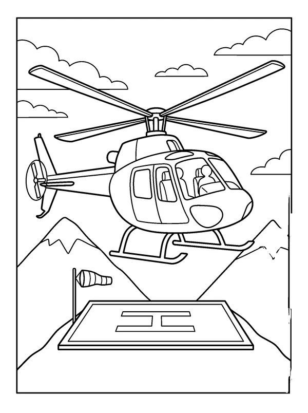 Helicopter Mountain Landing — printable black-and-white coloring sheet