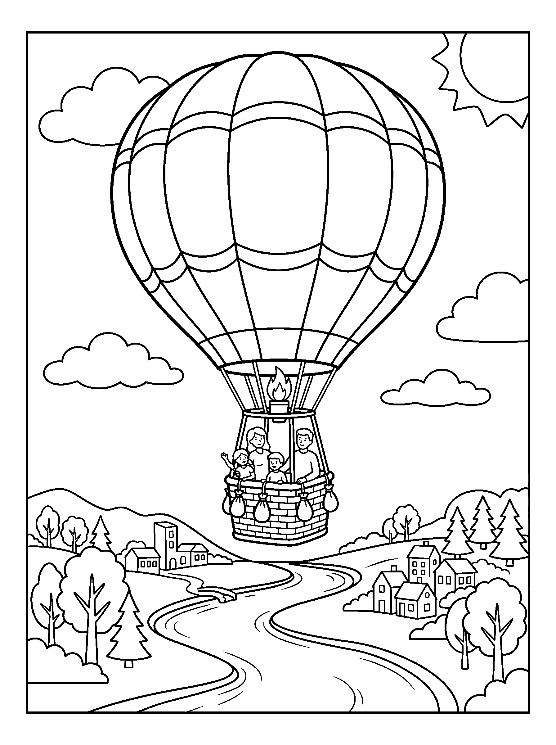Balloon over the Valley — full black-and-white printable coloring page