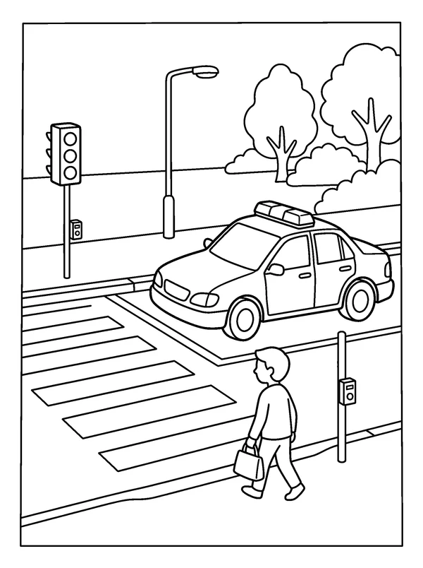 Patrol Car at the Crossing — printable black-and-white coloring sheet