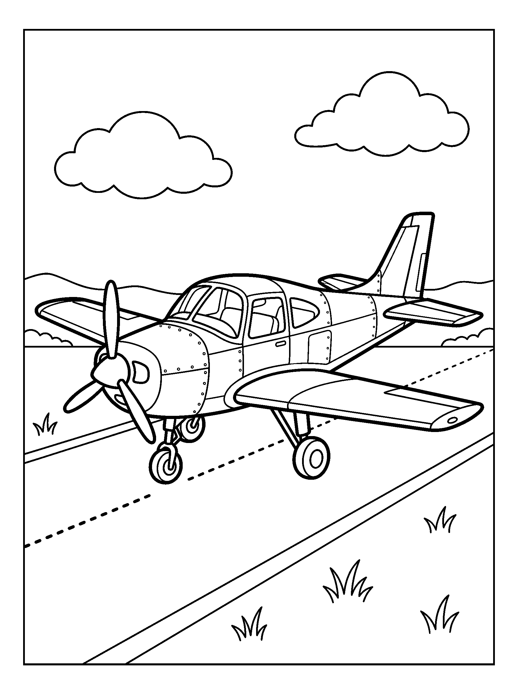 Propeller Plane at the Airfield — full black-and-white printable coloring page