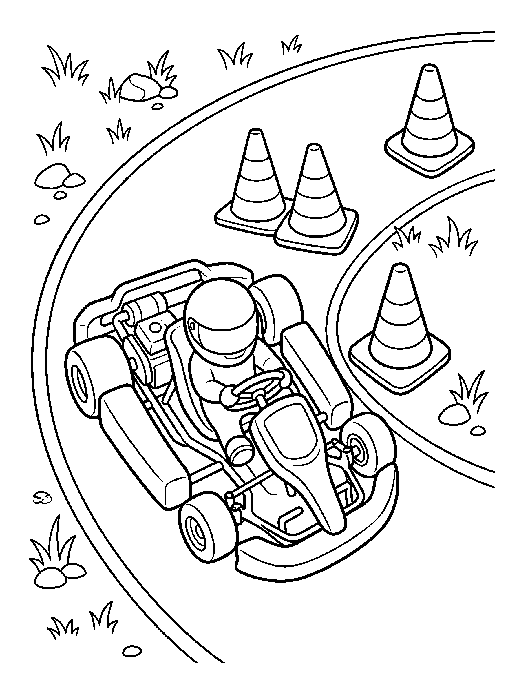 Kart around the Cones — full black-and-white printable coloring page