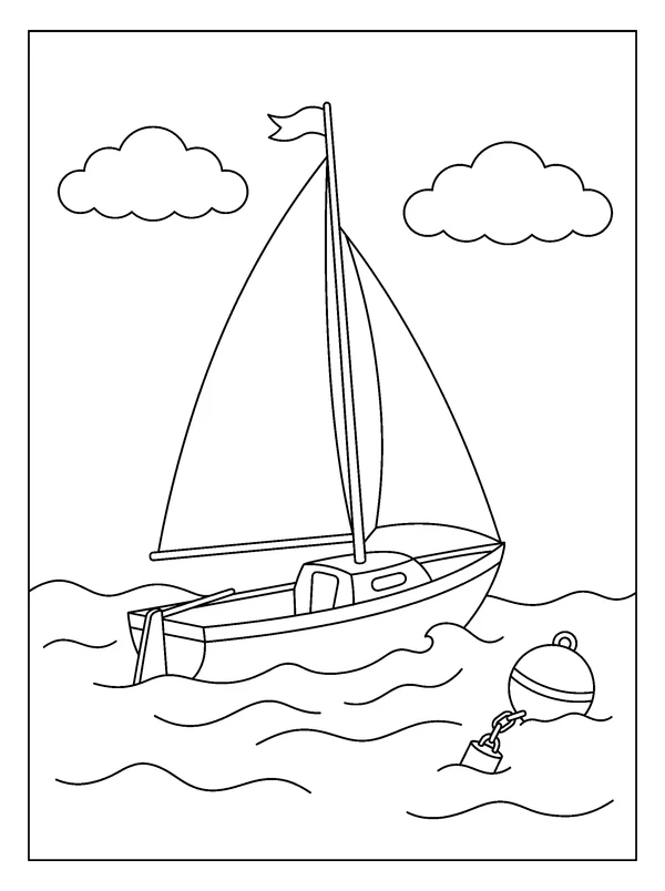 Sailboat and Buoy — printable black-and-white coloring sheet