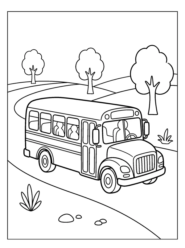 School Bus on a Country Road — printable black-and-white coloring sheet