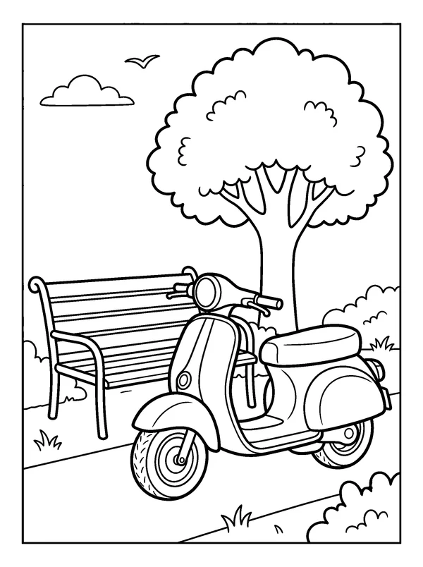 Scooter by the Park Bench — printable black-and-white coloring sheet