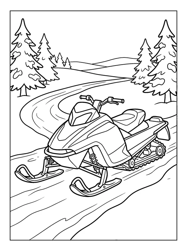 Snowmobile Pine Trail — printable black-and-white coloring sheet