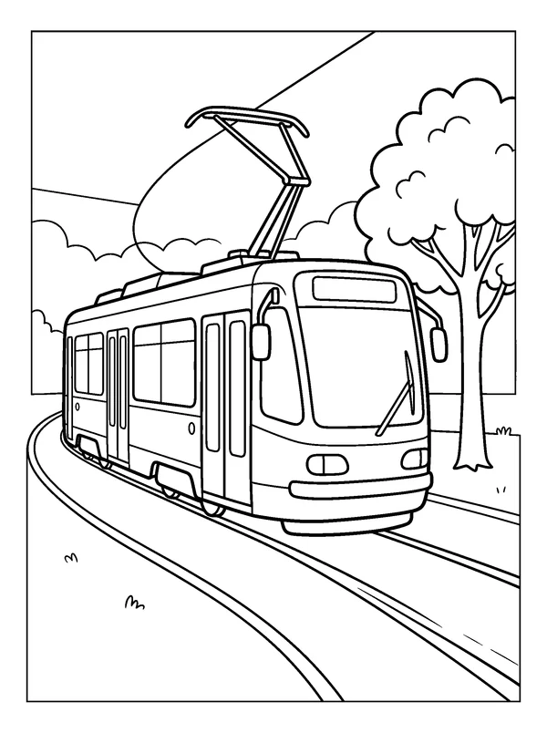Tram on the Curved Track — printable black-and-white coloring sheet