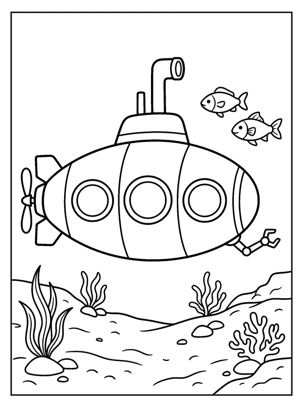 Submarine Explorer — printable black-and-white coloring sheet