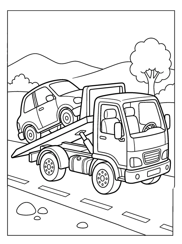 Tow Truck Helping — printable black-and-white coloring sheet
