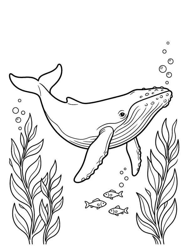 Whale Underwater — printable black-and-white coloring sheet