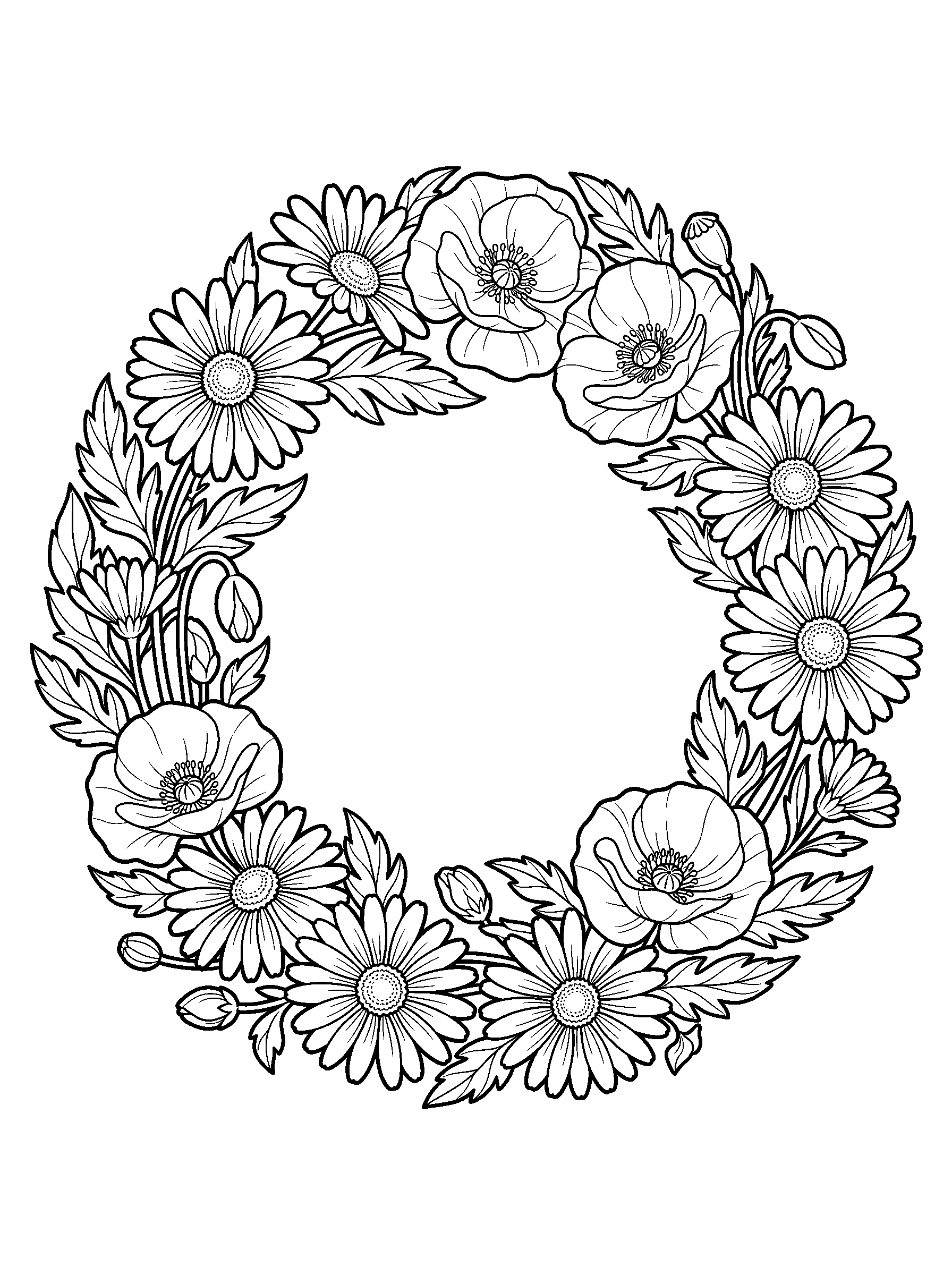 Wildflower Wreath — full black-and-white printable coloring page