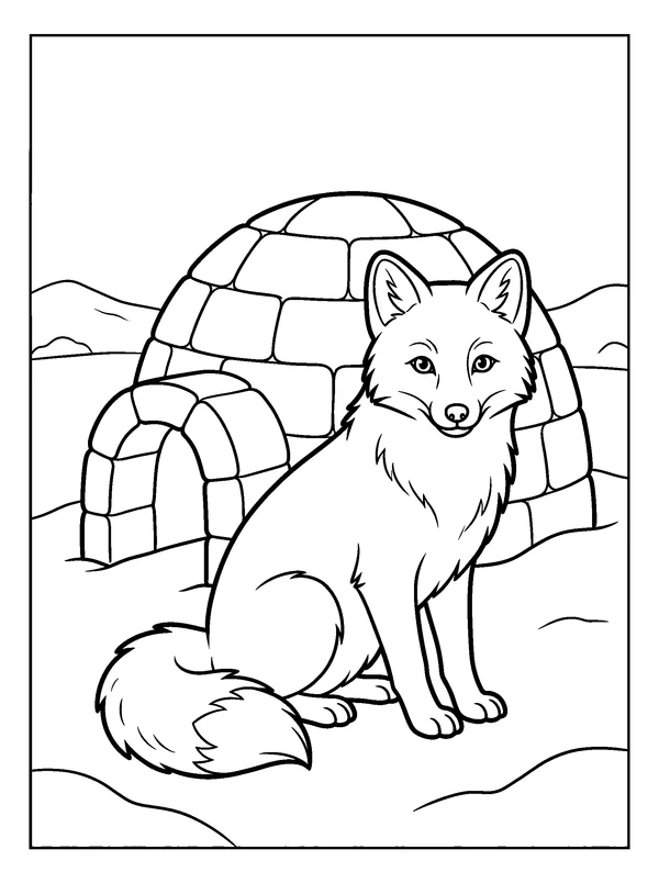 Arctic Fox Beside an Igloo — printable black-and-white coloring sheet
