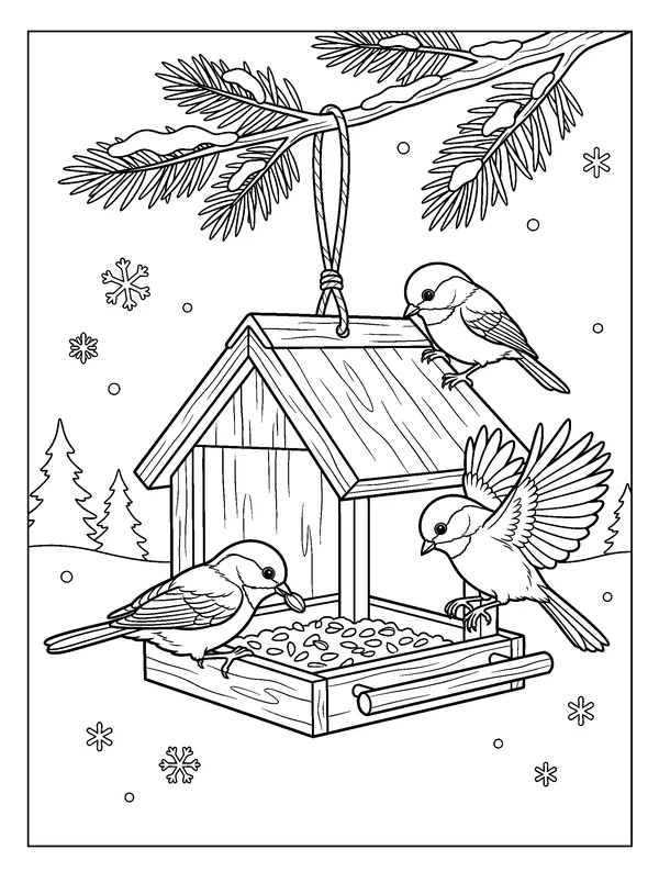 Chickadees at the Winter Feeder — printable black-and-white coloring sheet