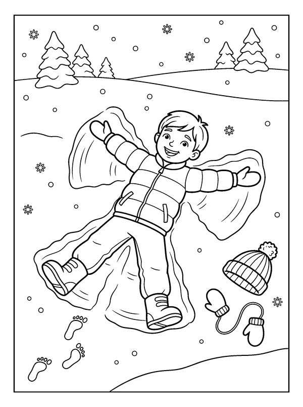 Child Making a Snow Angel — printable black-and-white coloring sheet