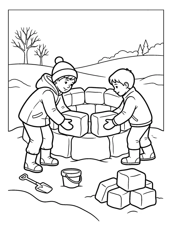 Children Building a Snow Fort — printable black-and-white coloring sheet