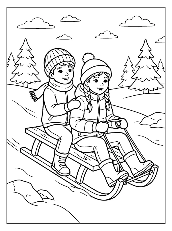 Children Sledding Down a Gentle Hill — printable black-and-white coloring sheet