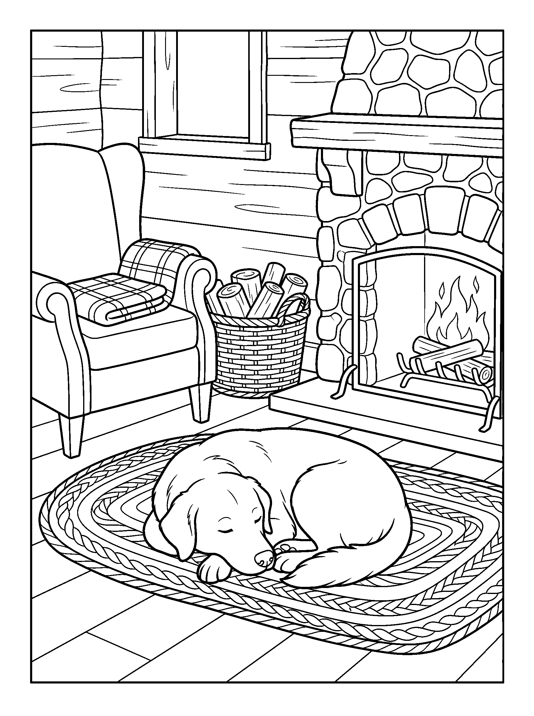 Dog by the Cabin Fireplace — full black-and-white printable coloring page
