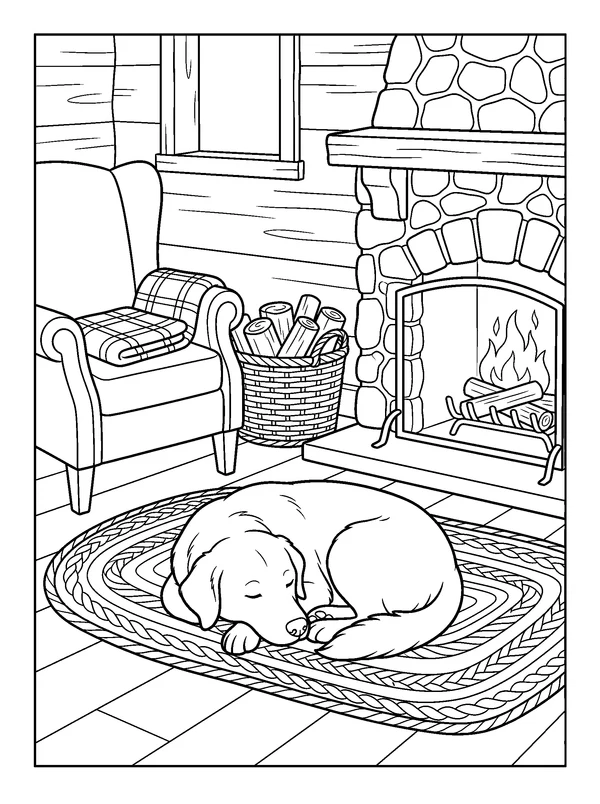 Dog by the Cabin Fireplace — printable black-and-white coloring sheet