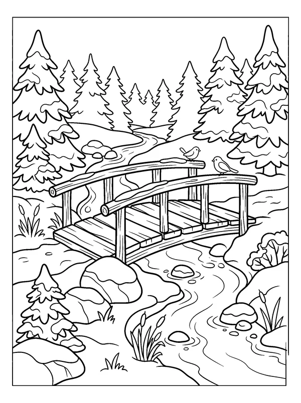 Footbridge in the Winter Forest — printable black-and-white coloring sheet