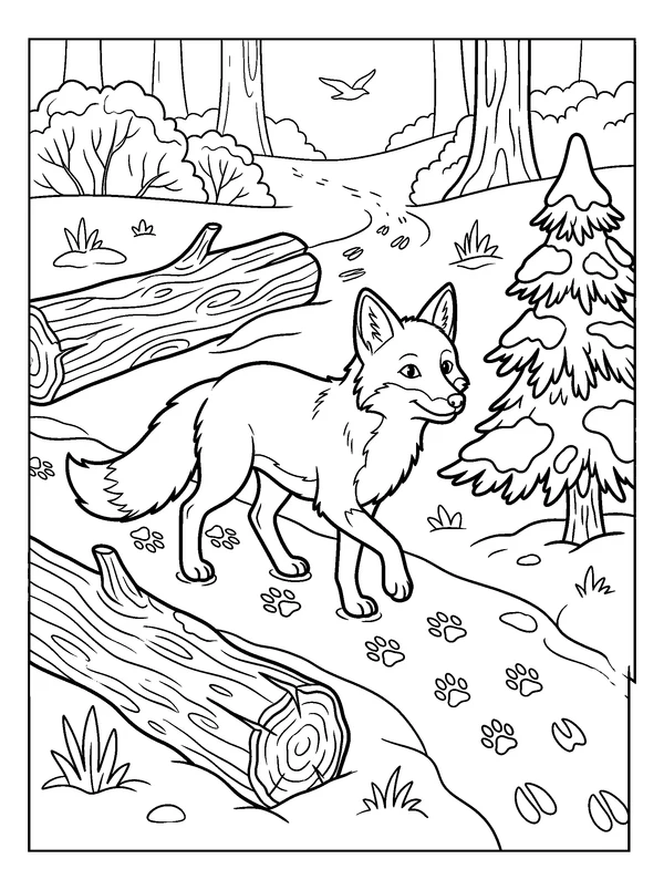 Fox Following Snow Tracks — printable black-and-white coloring sheet