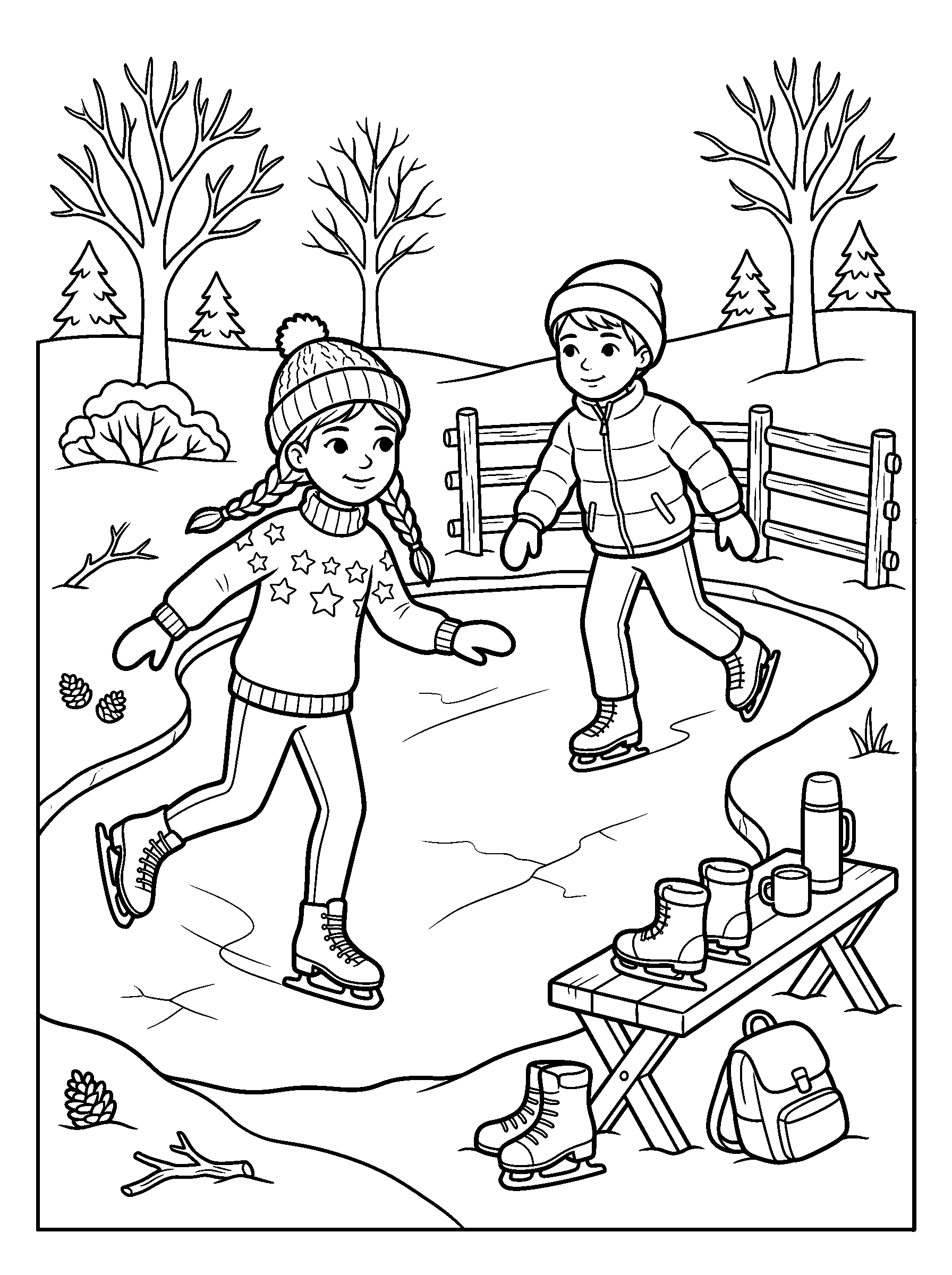 Friends Skating on the Pond — full black-and-white printable coloring page