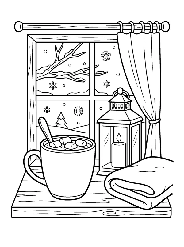 Hot Cocoa at the Winter Window — printable black-and-white coloring sheet