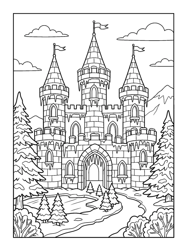 Ice Castle with Long Icicles — printable black-and-white coloring sheet