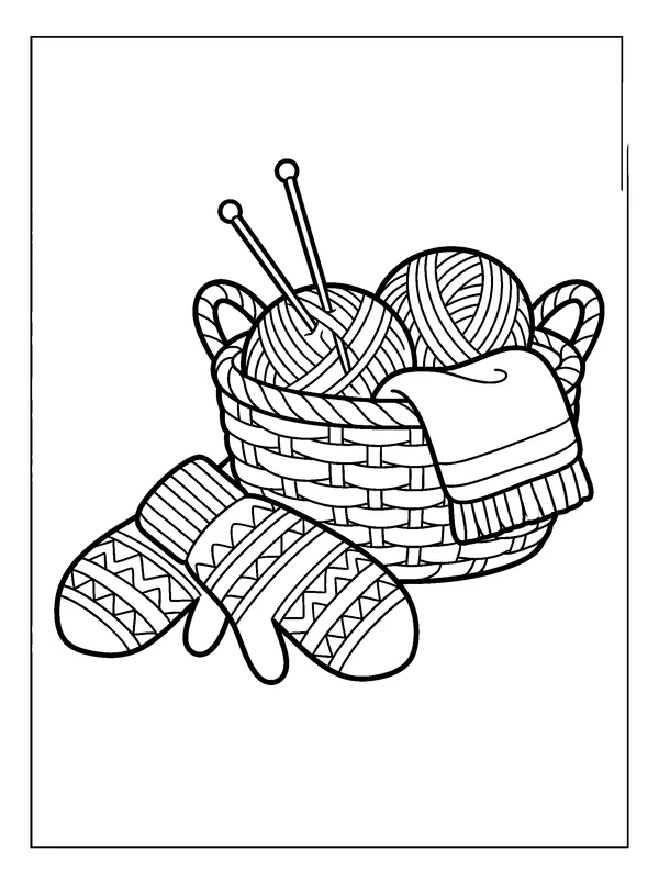 Mittens and Knitting Basket — printable black-and-white coloring sheet