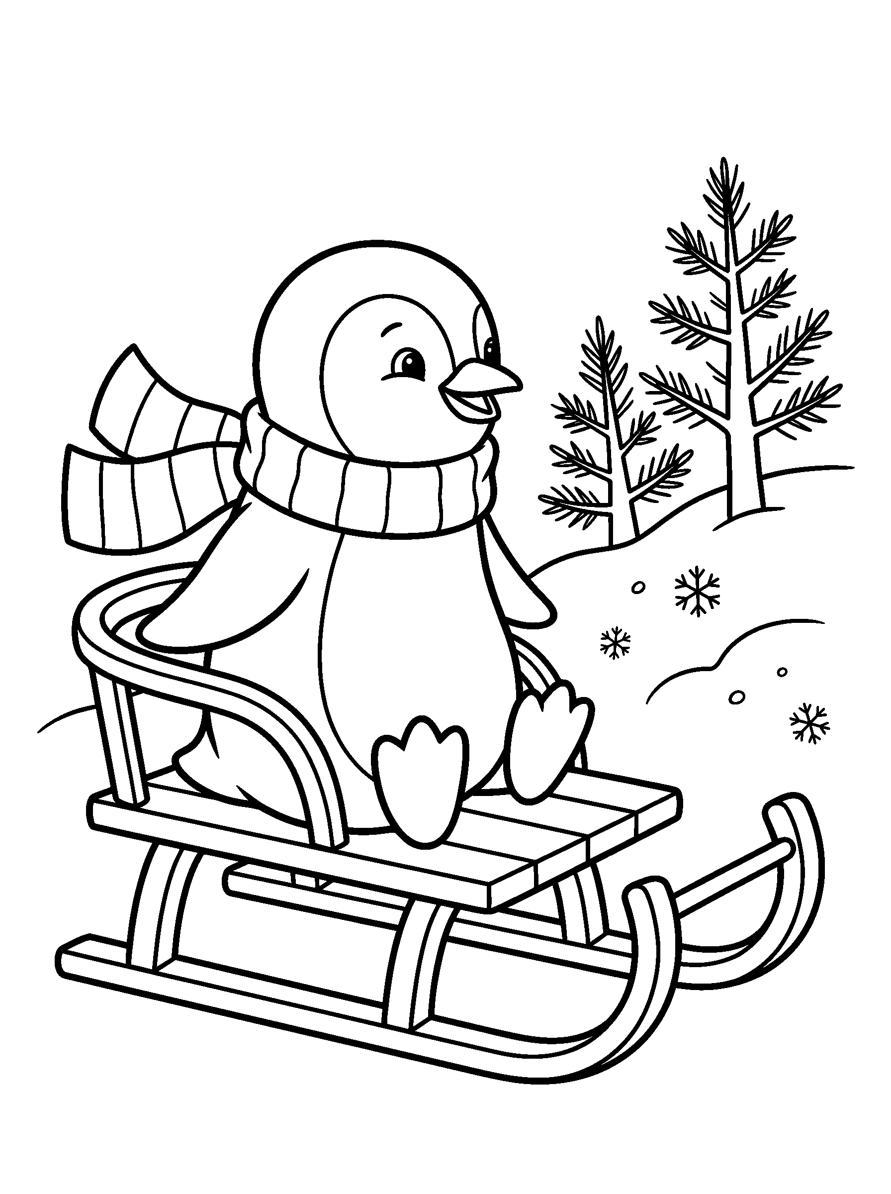 Penguin on a Wooden Sled — full black-and-white printable coloring page