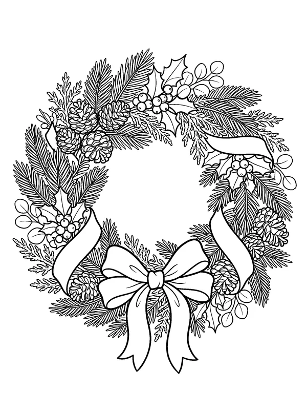 Pinecone and Evergreen Winter Wreath — printable black-and-white coloring sheet