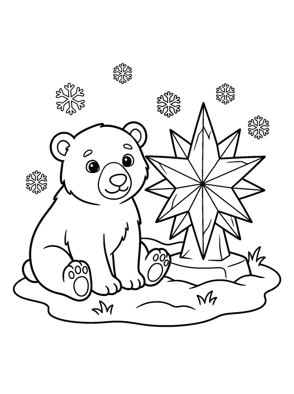 Polar Bear Beside an Ice Star — printable black-and-white coloring sheet