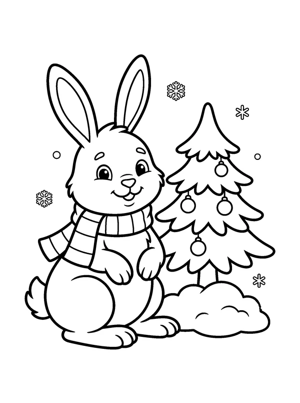 Rabbit in a Winter Scarf — printable black-and-white coloring sheet
