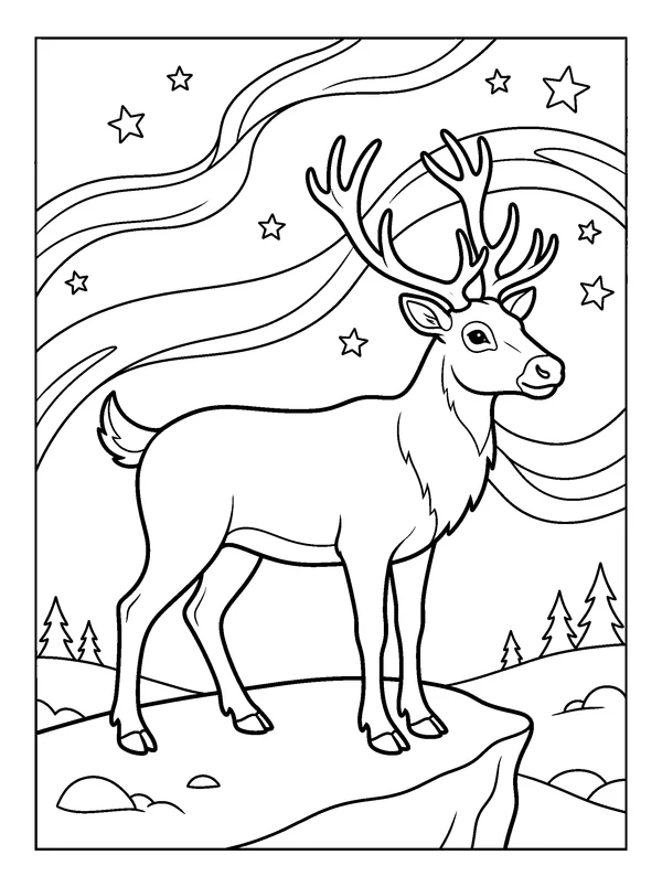 Reindeer Beneath Ribbon-Shaped Lights — printable black-and-white coloring sheet