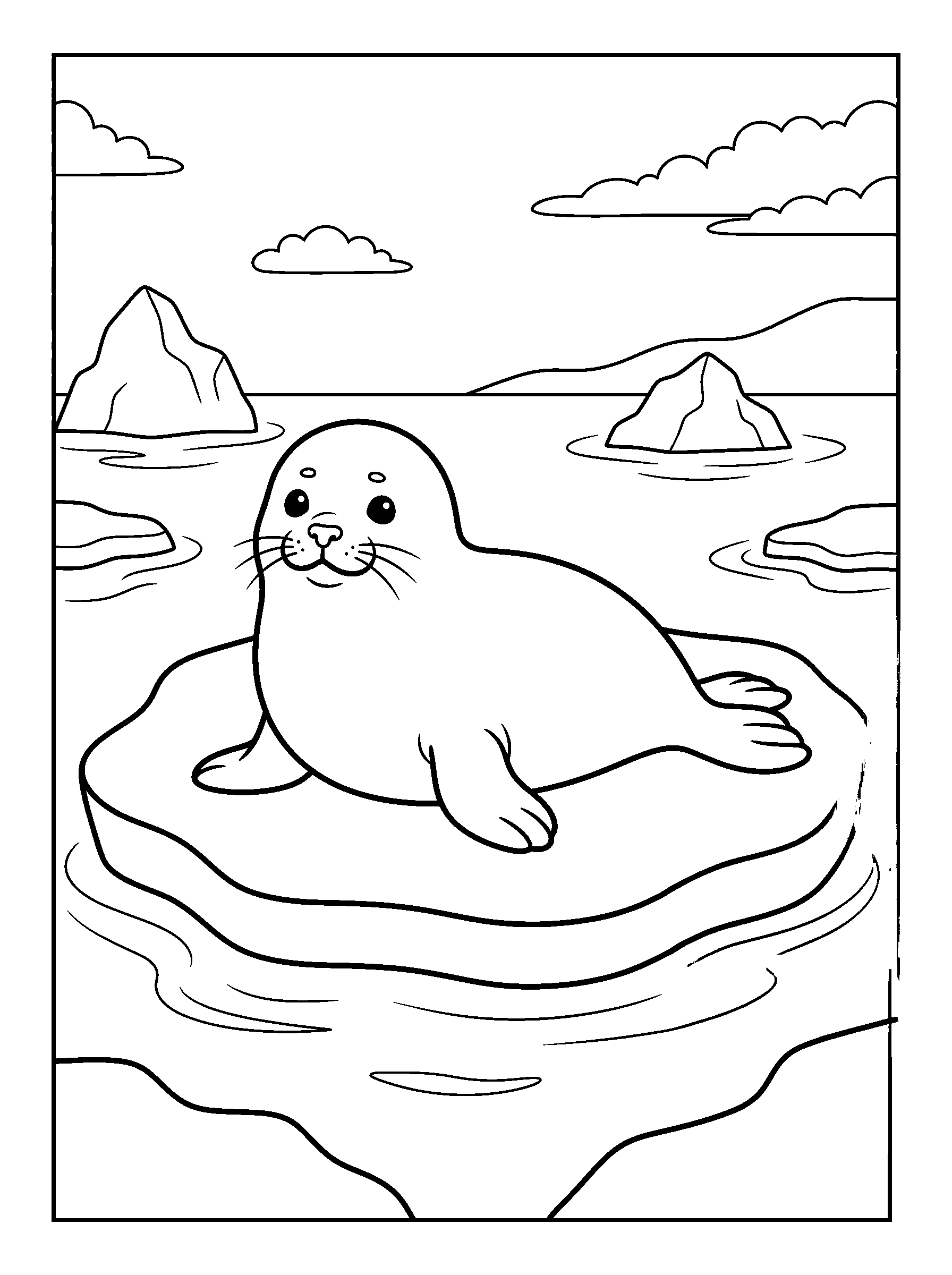 Seal Pup on an Ice Floe — full black-and-white printable coloring page