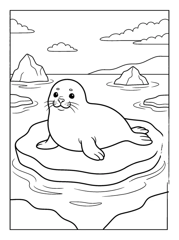 Seal Pup on an Ice Floe — printable black-and-white coloring sheet