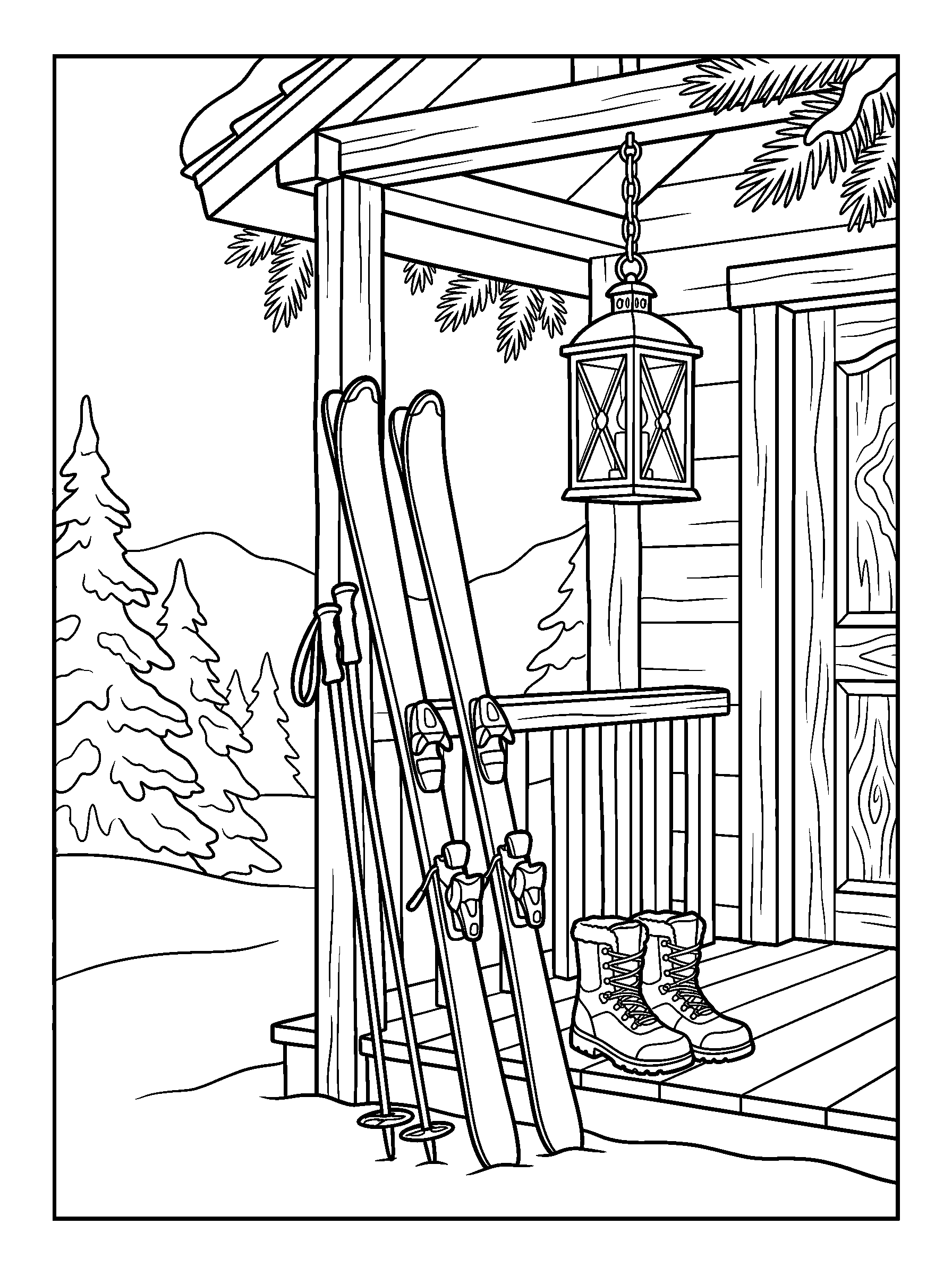 Ski Equipment Beside the Chalet — full black-and-white printable coloring page