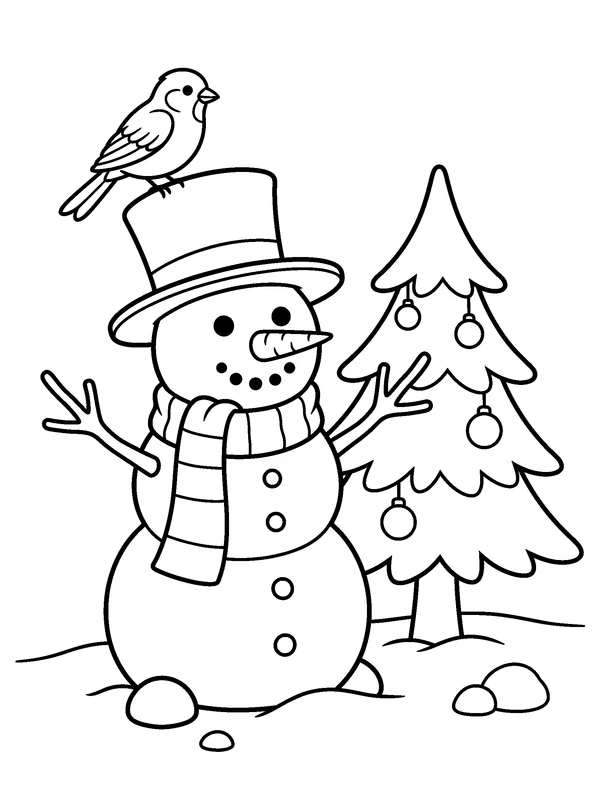 Snowman with a Bird on Its Hat — printable black-and-white coloring sheet