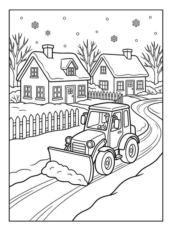 Snowplow on the Village Road — printable black-and-white coloring sheet