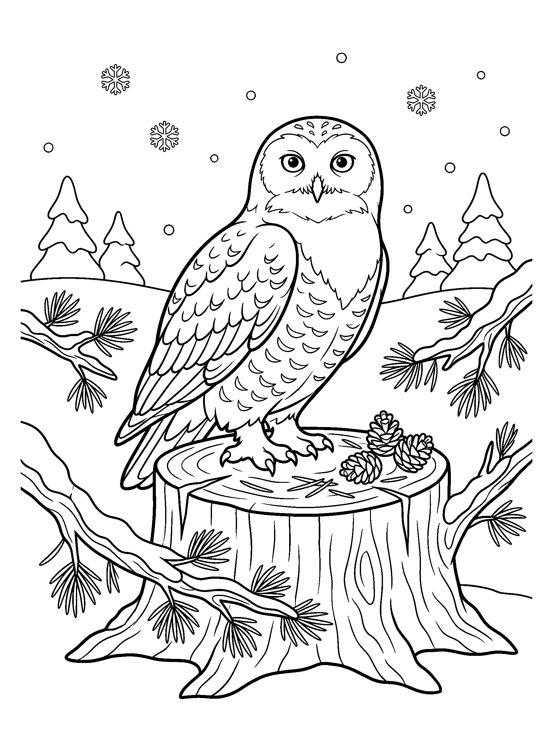 Snowy Owl on a Stump — full black-and-white printable coloring page