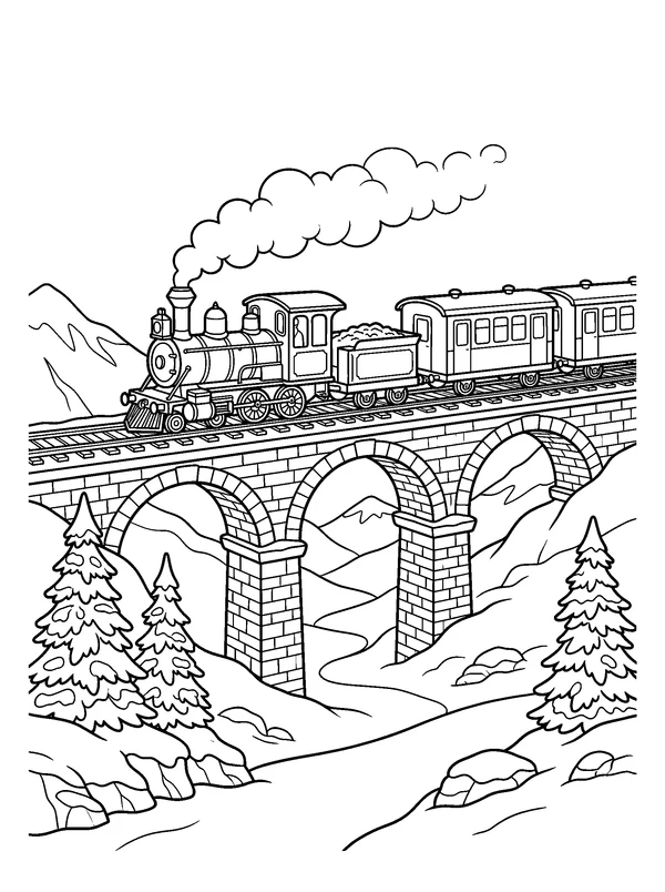 Steam Train on a Snowy Viaduct — printable black-and-white coloring sheet
