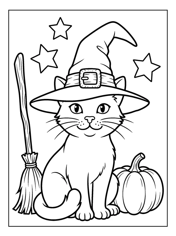 Halloween Cat in a Witch Hat — printable black-and-white coloring sheet