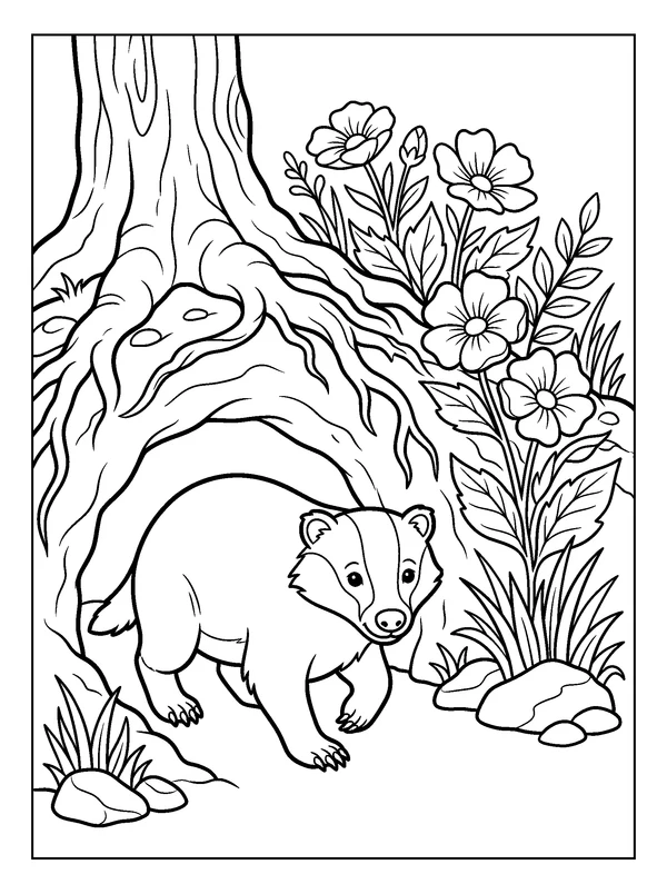 Badger Outside Its Burrow — printable black-and-white coloring sheet