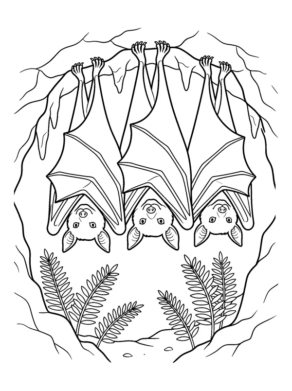 Bats at the Woodland Cave — printable black-and-white coloring sheet