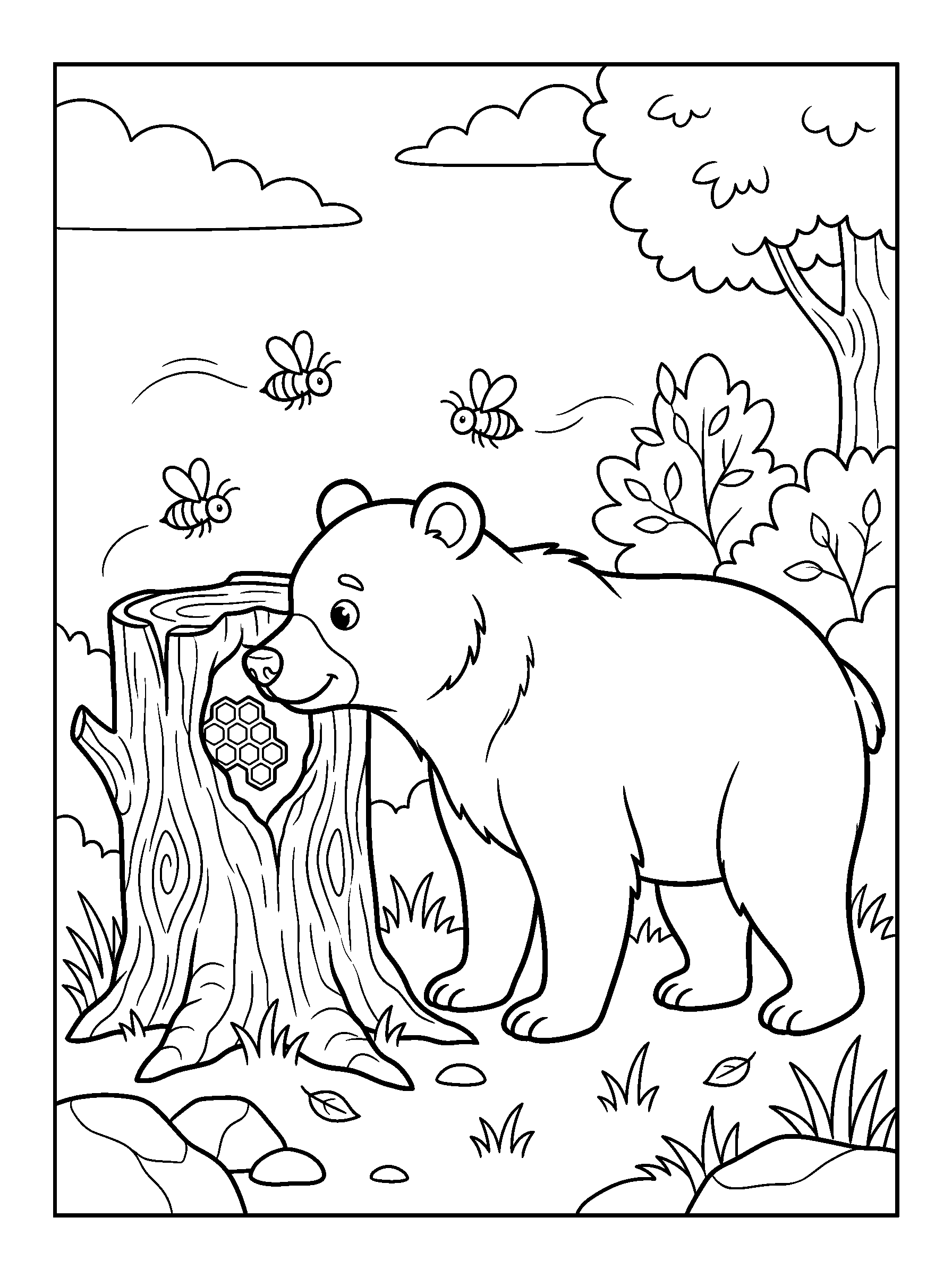 Bear at the Honey Stump — full black-and-white printable coloring page