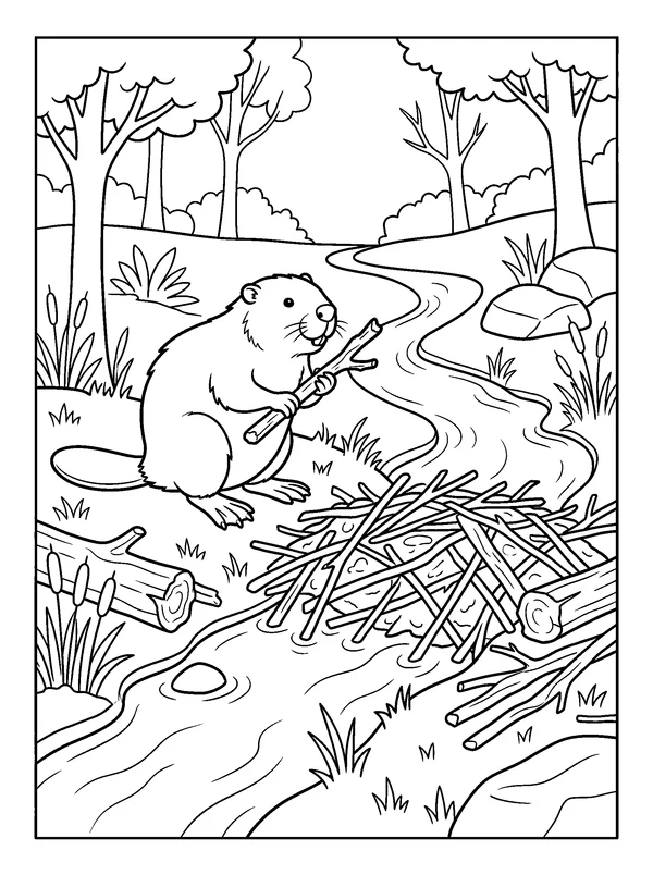 Beaver Building a Small Dam — printable black-and-white coloring sheet