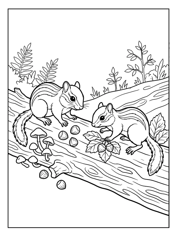 Chipmunks on a Mushroom Log — printable black-and-white coloring sheet