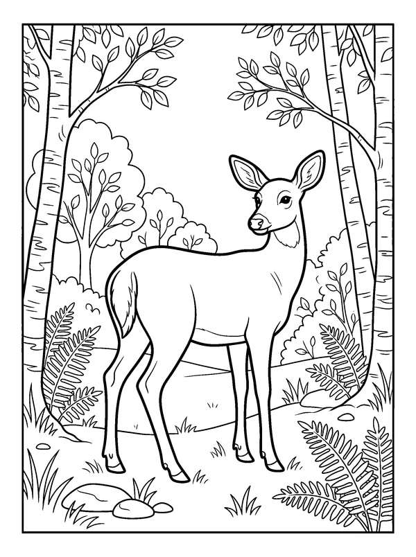 Deer in a Fern Clearing — printable black-and-white coloring sheet