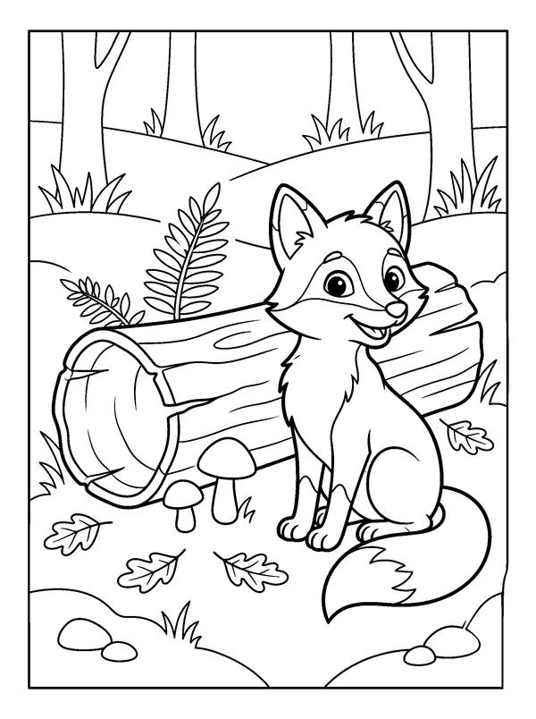 Fox Beside a Hollow Log — printable black-and-white coloring sheet