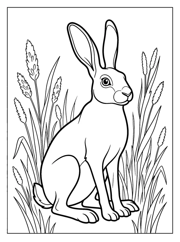 Hare in the Tall Meadow Grass — printable black-and-white coloring sheet