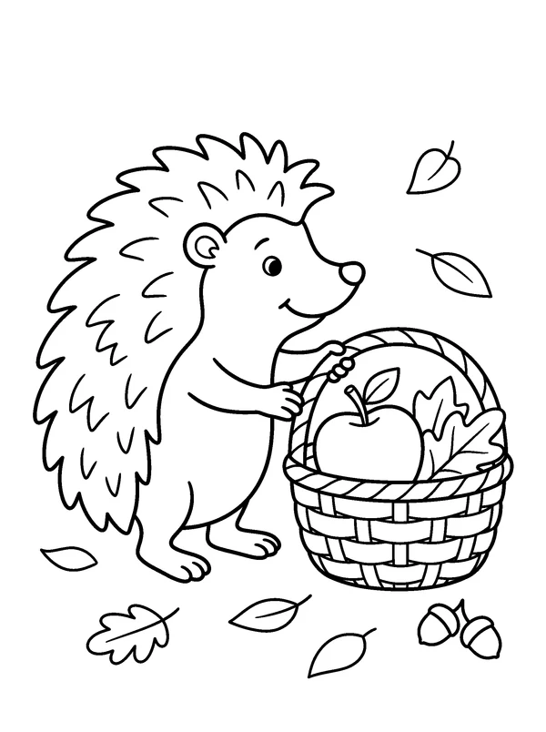 Hedgehog with a Leaf Basket — printable black-and-white coloring sheet